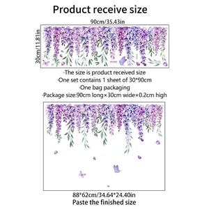 Lavender flower wall stickers size guide showing 30x90cm sheet and 88x62cm finish