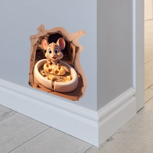 Detailed 3D wall sticker featuring a cartoon mouse with cheese in a realistic mouse hole