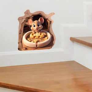 3D cartoon mouse hole wall sticker with cute mouse eating cheese for home decor