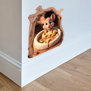 3D cartoon mouse hole wall sticker with cute mouse and cheese for home baseboard decor