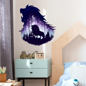 Cartoon lion wall sticker featuring a creative forest and starry night scene for home decor