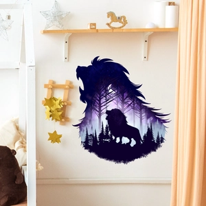 Cartoon lion wall sticker featuring forest double exposure art for kid's room decor