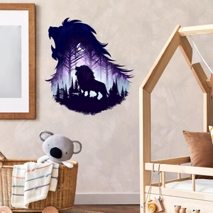Detail of lion silhouette wall sticker with purple galaxy and forest interior design
