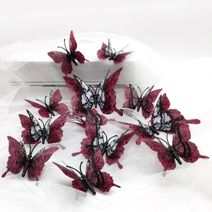 Macro detail of 12pcs double-layered 3D Gothic skull rose butterfly wall stickers