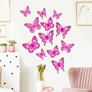 3D pink hollow butterfly wall stickers with intricate white patterns for home wall decor
