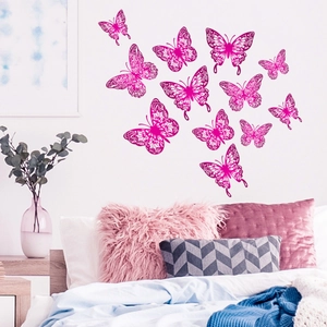 Set of 12 bright pink hollow butterfly wall stickers used for home bedroom decoration