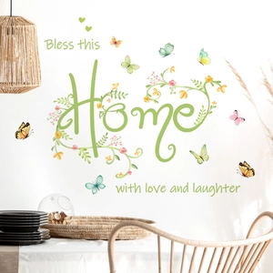 Bless this Home wall sticker with floral vines and butterflies for living room decor