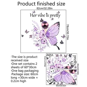 Self-adhesive butterfly girl wall sticker with 'Her vibe is pretty' text for bedroom decor