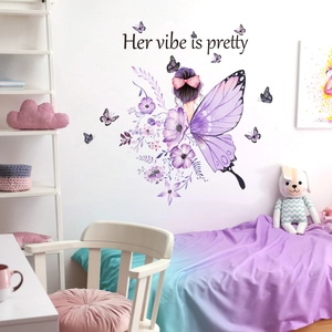 Purple Butterfly Wings Girl Wall Stickers PVC Self Adhesive Floral Decals Romantic Room Decor Pretty Quote