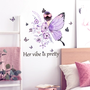 Purple fairy girl wall sticker with butterfly wings and Her Vibe is Pretty text for bedroom decor