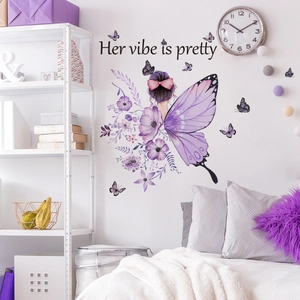 Girl with butterfly wings wall decal with Her vibe is pretty quote for bedroom decor