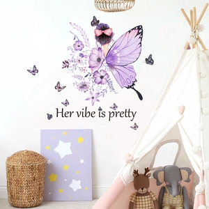 Detail of butterfly fairy wall sticker with Her vibe is pretty text for girl room decor