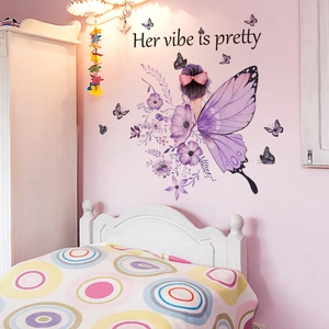 Dreamy purple butterfly fairy wall sticker with Her Vibe Is Pretty text for girl room