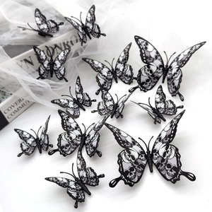 Detailed 3D skull and rose butterfly wall stickers set on white background for Halloween decor