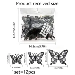 Size chart for 3D skull rose butterfly wall decals showing 12 pieces in three various sizes