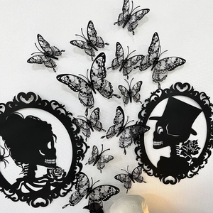 3D gothic butterfly wall stickers with skull patterns and oval frame silhouettes