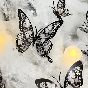 Detailed 3D black skull rose butterfly wall stickers set for Halloween party decoration