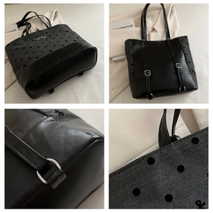 Detail view of polka dot tote bag with herringbone fabric, bow charms and metal buckles