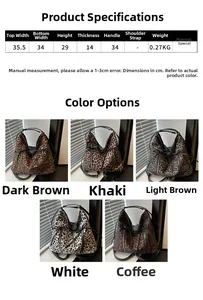 Especificaciones de tamaño detalladas del bolso tote leopardo en varios colores