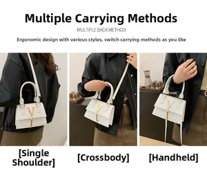 Three ways to wear a white quilted crossbody bag with tassel and gold metal V logo detail