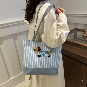 Multifunctional blue and white striped canvas tote bag with cute cartoon dog embroidery