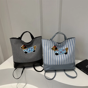 Plaid and striped canvas tote bag with dachshund embroidery and adjustable shoulder strap