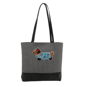 Plaid canvas tote bag with dachshund embroidery and black shoulder strap for women