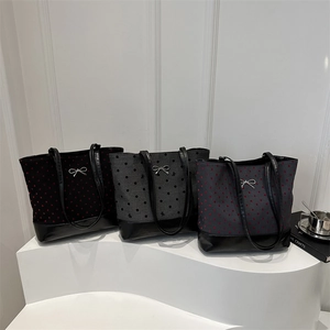 Women Large Capacity PU Leather Tote Bag Vintage Bowknot Heart Polka Dot Printed Shoulder Bag Commuter Bucket Handbag
