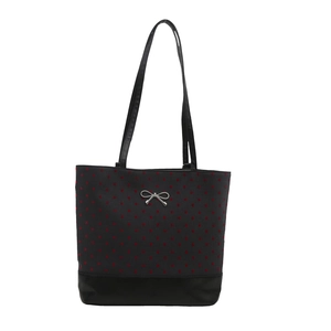 Large capacity floral tote bag with red polka dots and a silver bow on a dark fabric