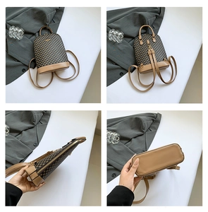 Detailed four-way view showing brown checkered mini backpack from front back side and bottom