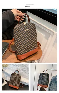 Three-way view of a brown vintage backpack featuring floral monogram patterns and gold hardware