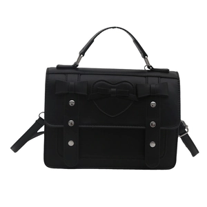 Retro black PU leather crossbody bag with embossed hearts and 3D bowknot details