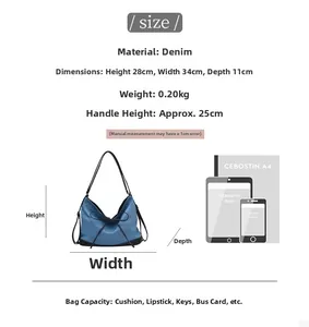 Size chart showing denim tote bag dimensions 28x34x11cm with capacity details