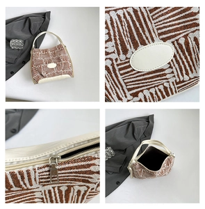 Vues détaillées du sac seau à carreaux vintage avec texture tissée et fermeture éclair argentée