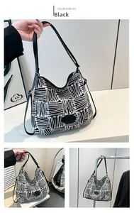 Collage of black and white woven plaid bucket bag showing large capacity and styling