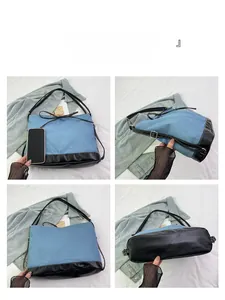 Detail view of denim patchwork tote bag showing front, back, side and bottom views with size ref