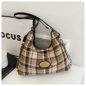 Large plaid tweed hobo bag with leather strap and gold chain detail for autumn fashion