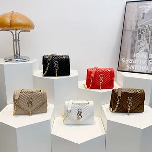 Quilted crossbody bag set in five colors with gold chain straps and metal tassel logos