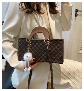 Detail of crossbody bag with brown monogram canvas and white plush monster charm