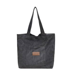 Large capacity dark grey corduroy tote bag for women with leather brand logo patch