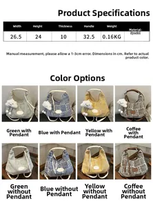 Detailed size chart and multi-color options for the lightweight plaid pattern tote bag