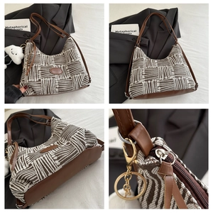 Detailed views of checkered tote bag showing zipper, stitching, and plush cloud charm
