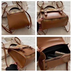 Detail view of plaid and brown leather backpack showing interior and multiple angles
