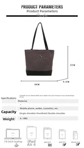 Technical drawing showing tote bag dimensions 26x27x9.5cm and 14-inch laptop capacity