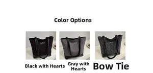 Detailed comparison of tote bag options in Black Heart, Grey Heart, and Bowknot patterns