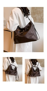 Detail of dark brown nylon tote showing golden buckles and multi-way shoulder straps