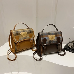 Preppy style plaid satchel bags with cute teddy bear patches and versatile straps