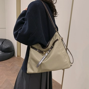 Minimalist khaki nylon hobo bag with leather straps and large capacity for women
