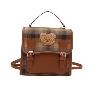 British style plaid mini backpack for kids featuring a cute 3D plush bear patch