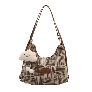 Retro geometric jacquard crossbody bag with brown leather strap and cute plush charm